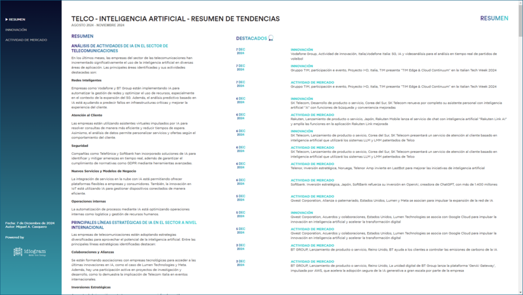 Innovación mundial en la industria de telecomunicaciones. Tendencias y soluciones emergentes Consultora Inteligencia de Negocios. Plataforma Business Intelligence. Oportunidades e información sobre mercados emergentes y clientes potenciales. Automatización IA